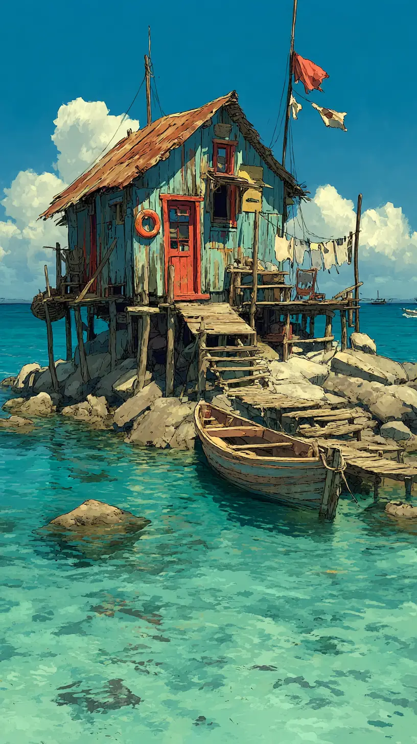 Rustic wooden cabin on a lone ocean rock