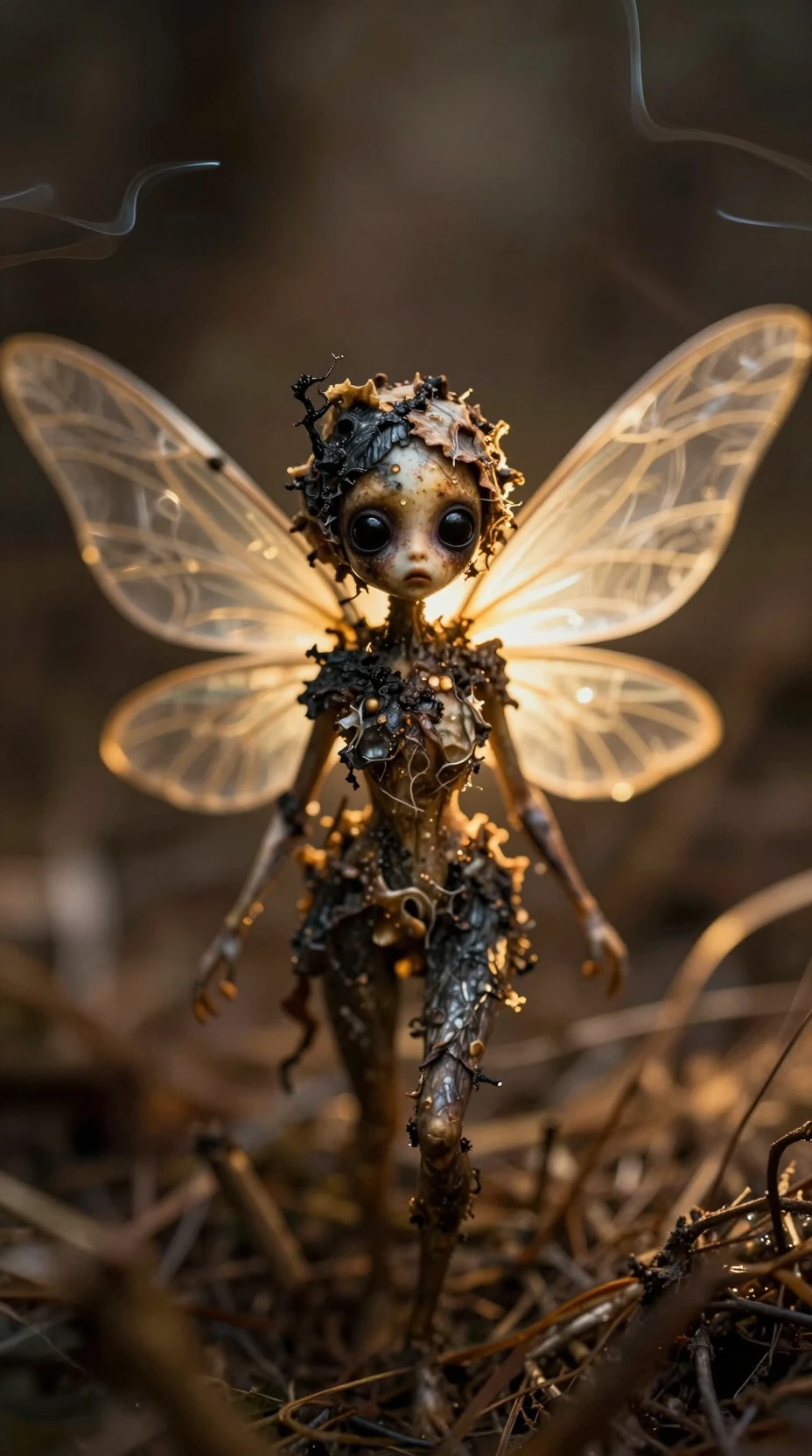 Eerie flower fairy close up with dark eyes and wings