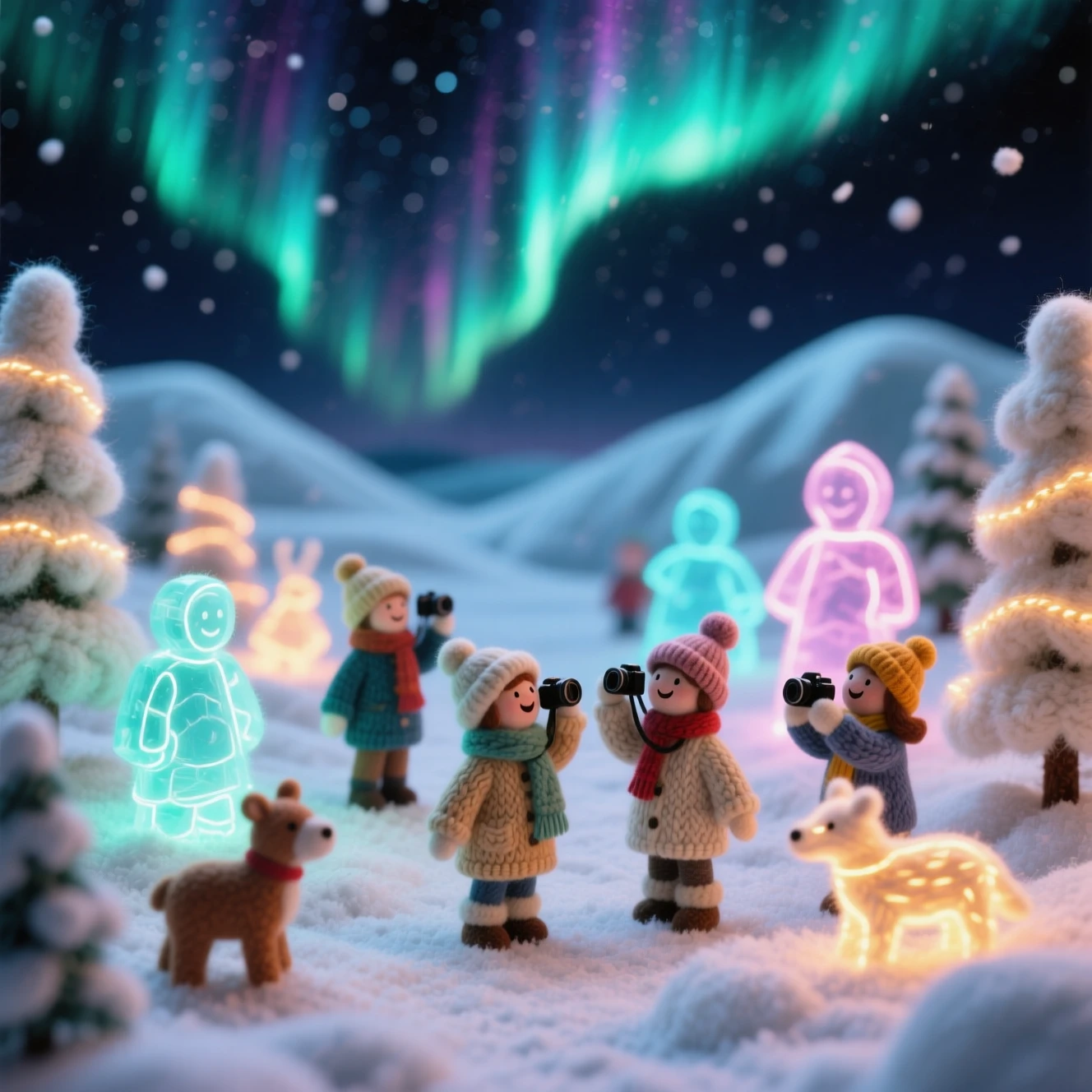 Handgefertigtes winterliches Woll-Diorama mit leuchtenden Figuren