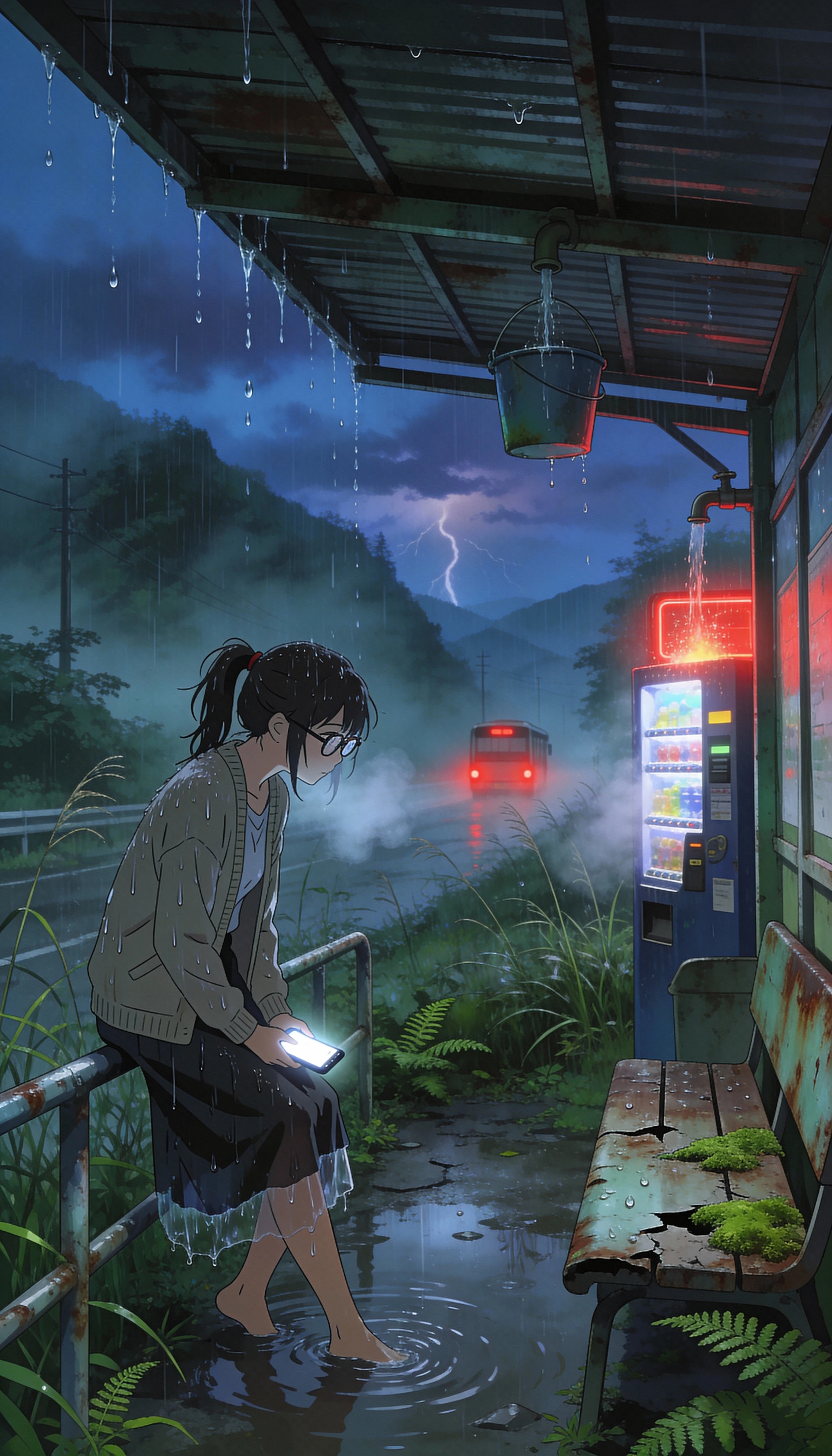 Drenched woman waiting alone at a rural bus stop