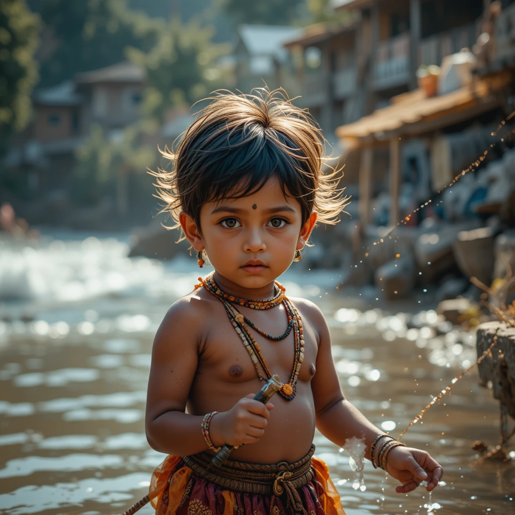 Smiling village boy fishing on a quiet riverside