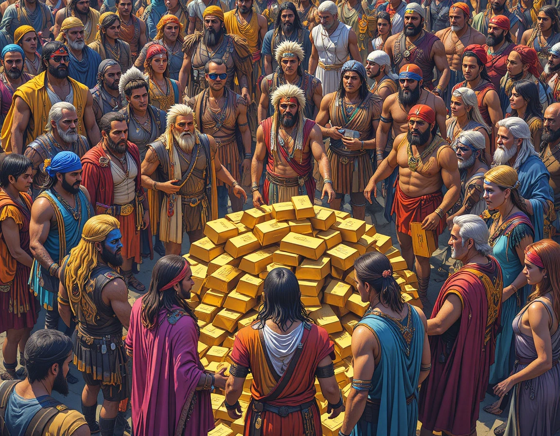 Colorati personaggi storici che circondano lingotti d'oro impilati