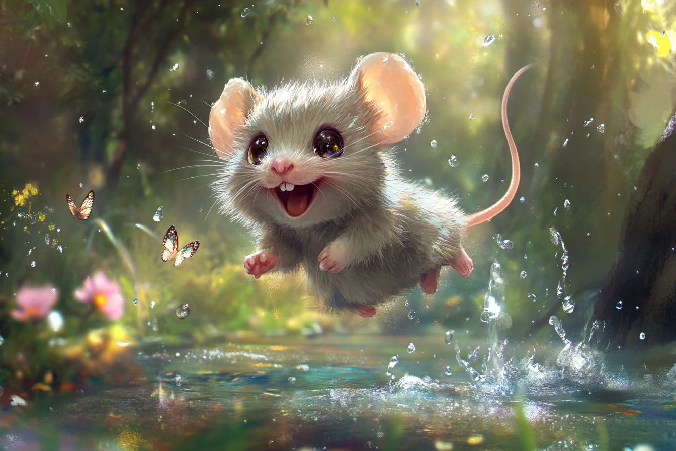 Allegro topolino chibi che salta sopra un ruscello nel bosco