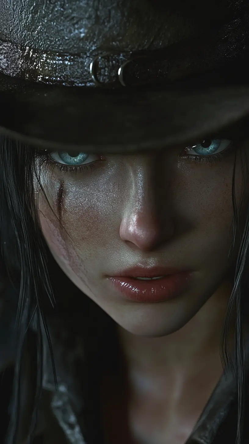 Anime cowboy close up in a tense western duel