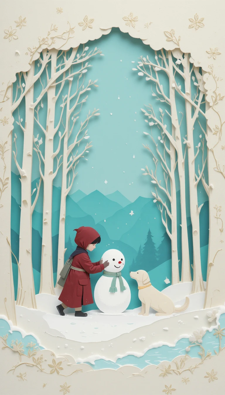Enfant construisant un bonhomme de neige dans une paisible forêt d’hiver en papier