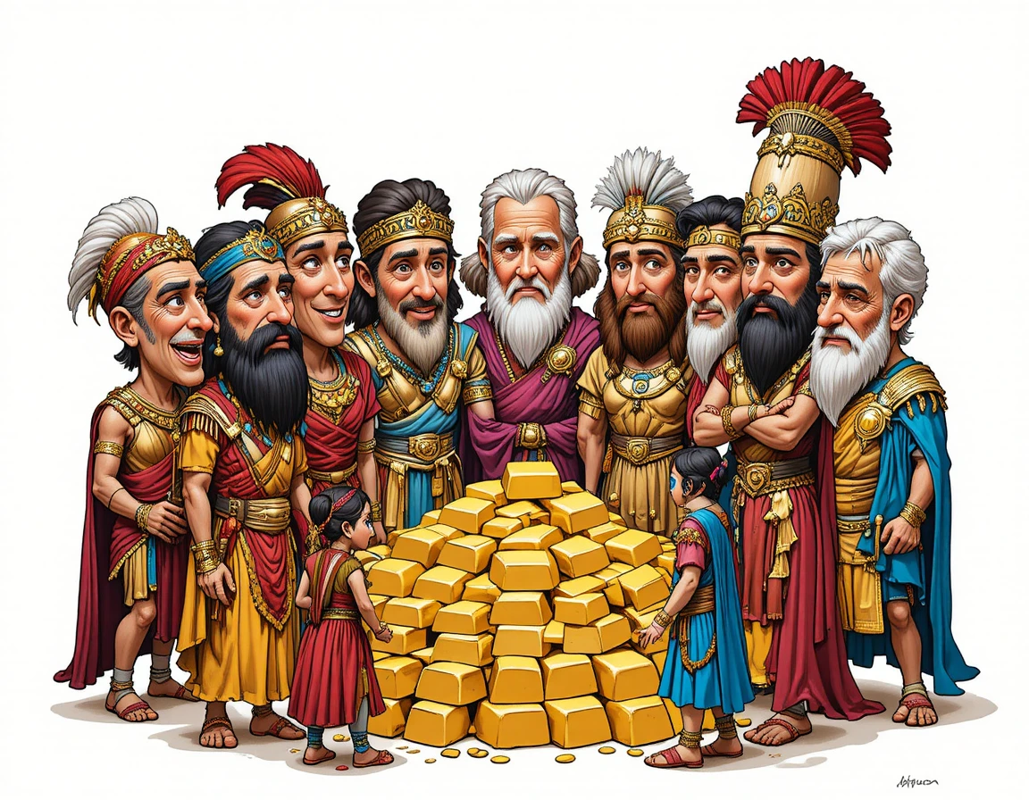 Personaggi storici in un cerchio colorato attorno a lingotti d'oro