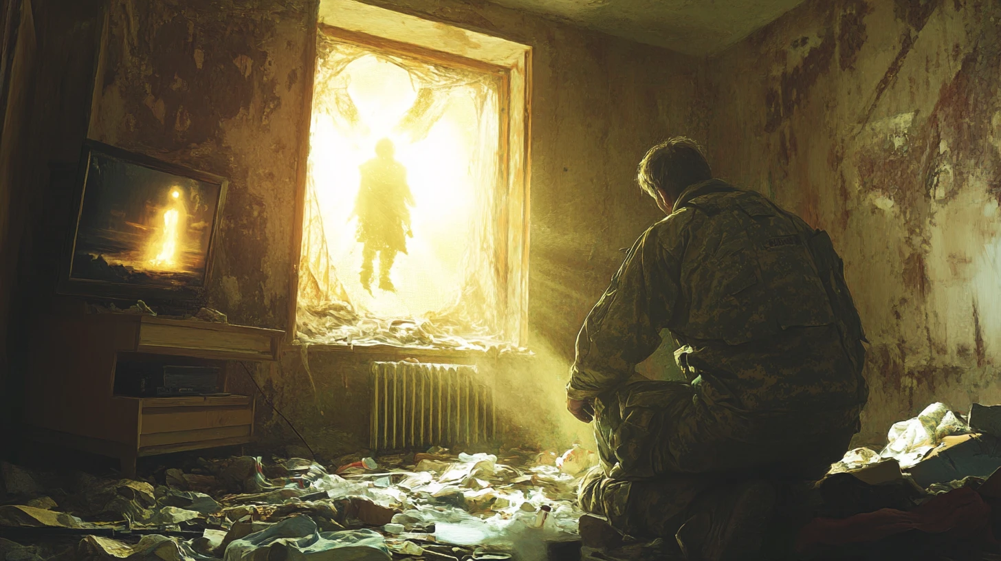 Old soldier in tattered room confronted by angelic vision