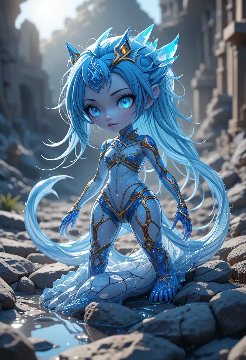 Anime warrior woman with cyan hair and fairy tail marks