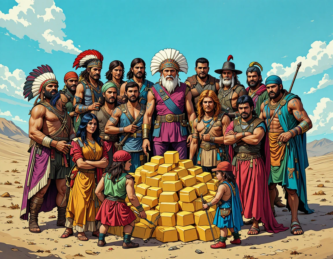 Personnages historiques en cercle coloré autour de lingots d’or