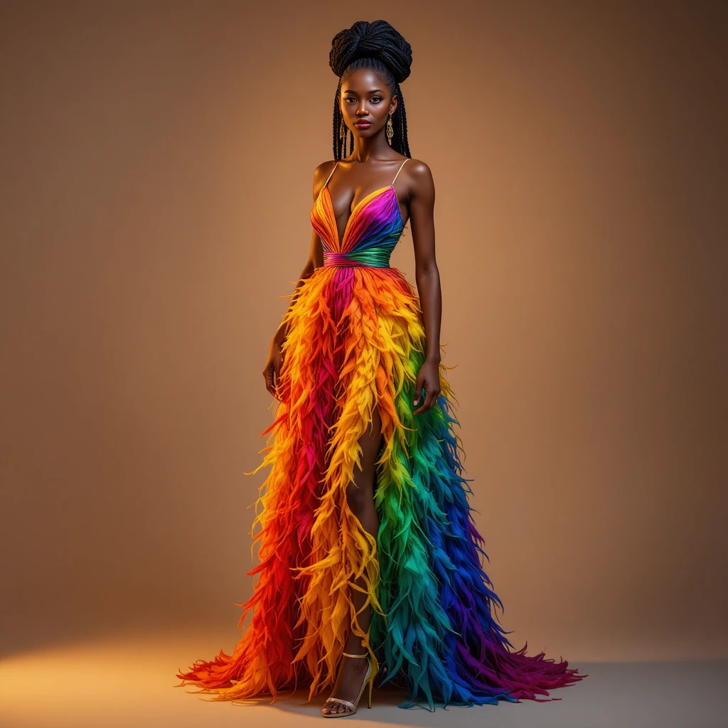 Confident woman in rainbow feather dress in studio portrait