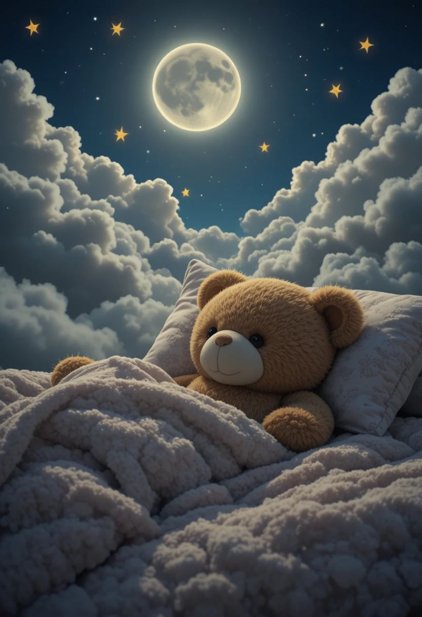 Niedlicher Teddybär schläft gemütlich auf einem weichen Bett