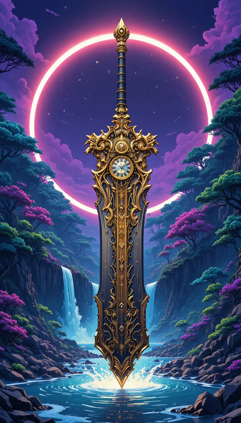 Close up of ornate mechanical buster sword in anime style
