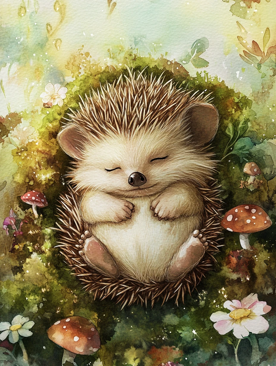 Sweet watercolor baby hedgehog curled on mossy forest floor