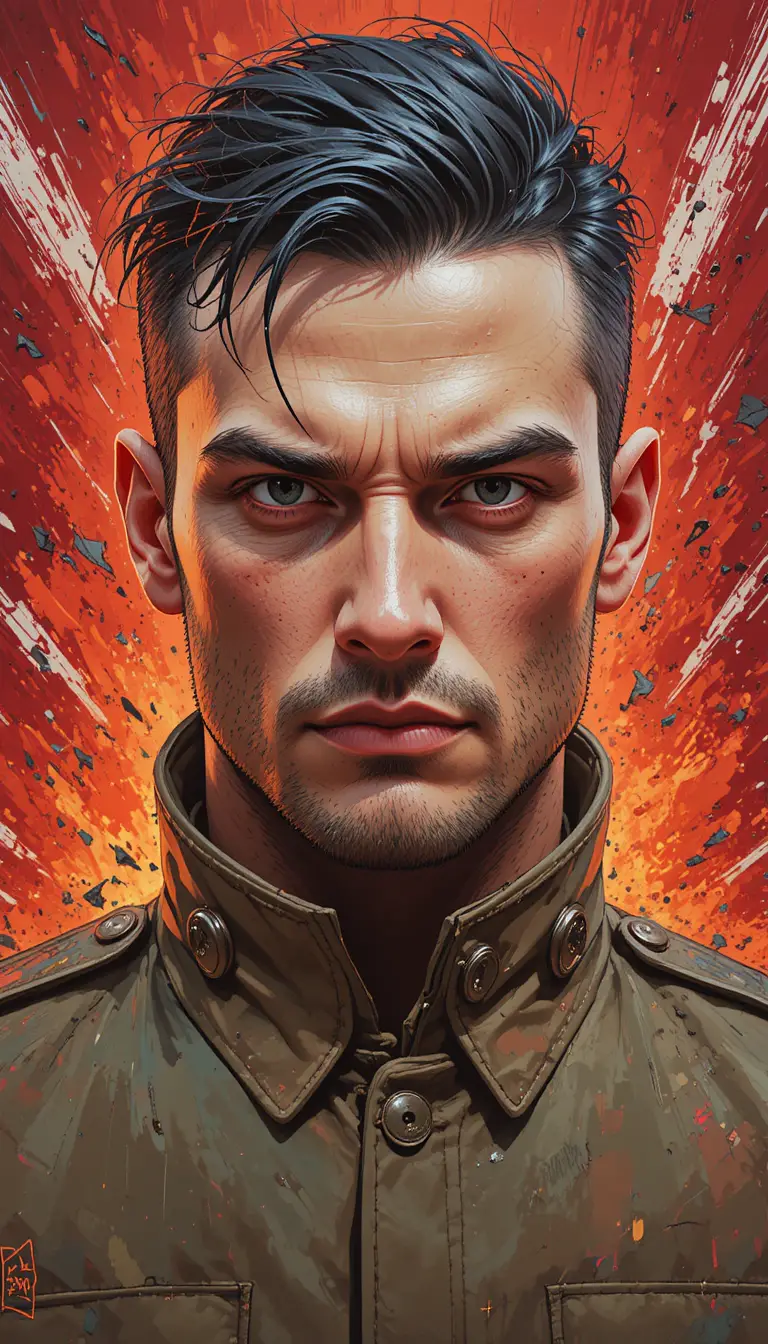 Intense man in military jacket against fiery abstract backdrop