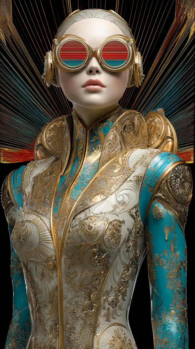 Elegant cyberpunk woman with neon helmet and mobile device