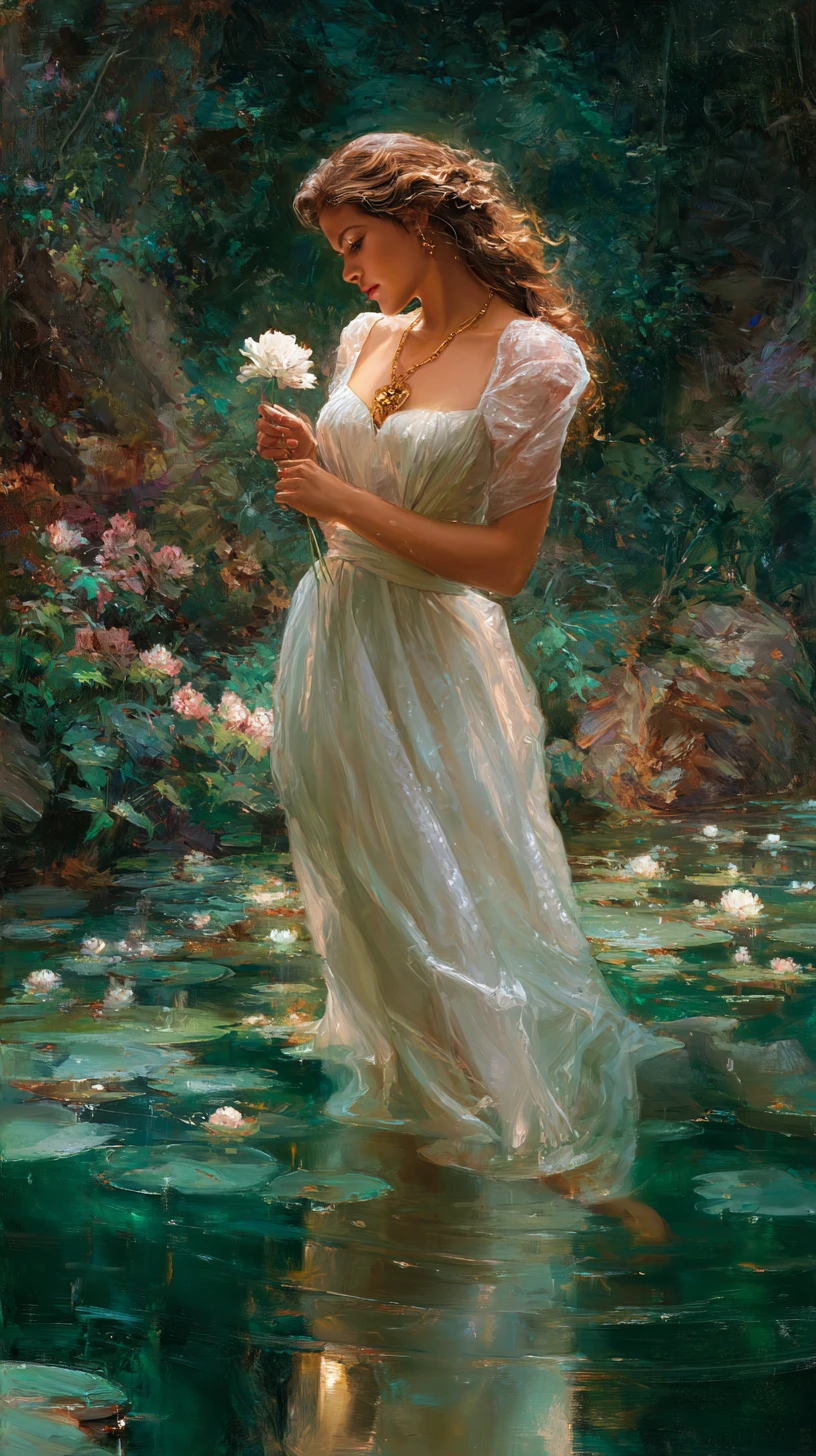 Butterfly winged girl in white dress by forest pond