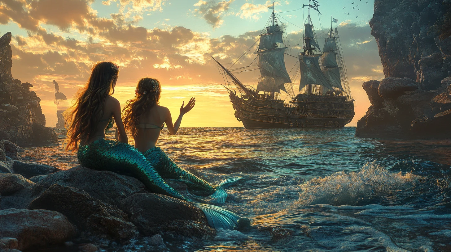 Two mermaids waving from sea rocks toward a pirate ship