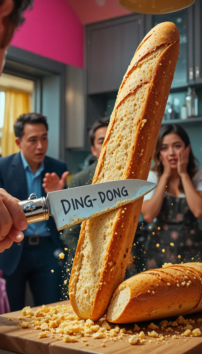 Chef rings a bicycle bell bread knife while slicing baguette