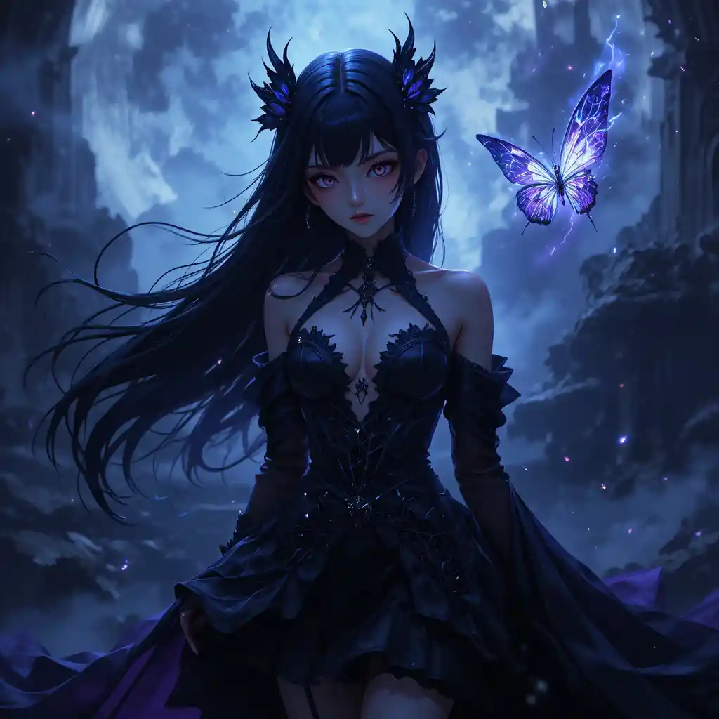 Dark anime girl in a moonlit gothic fantasy world