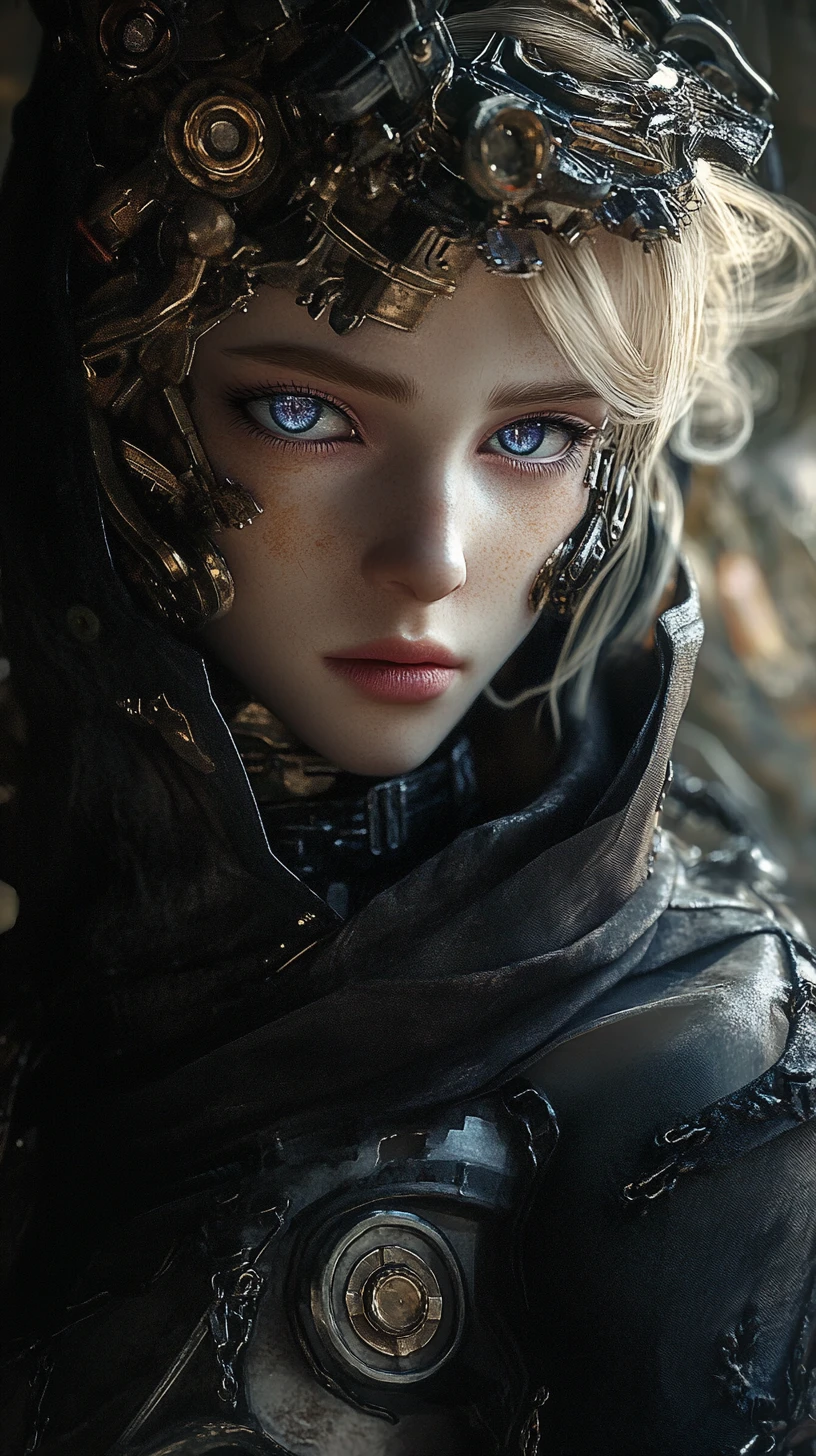 Cybernetic blonde woman in surreal steampunk organic armor