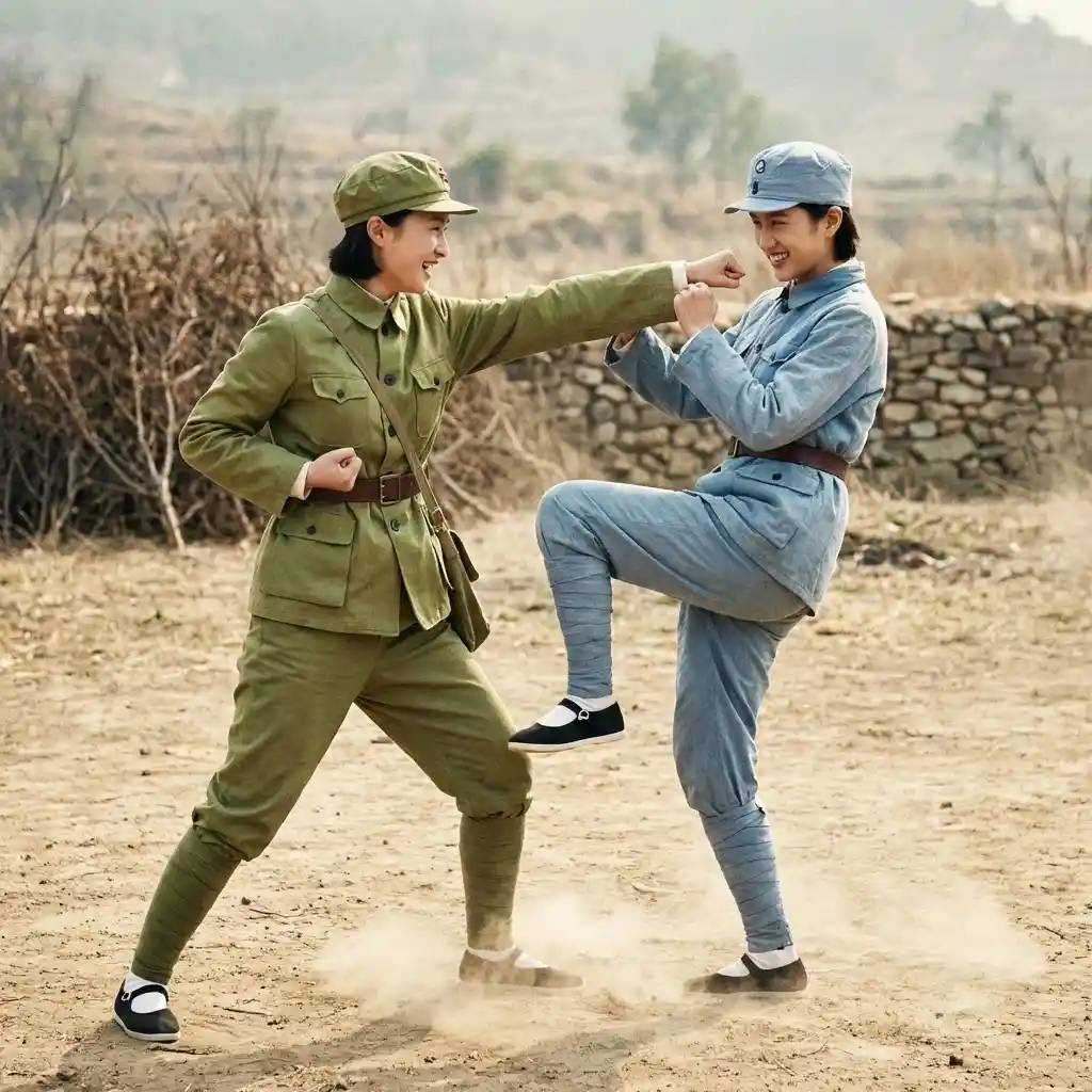 Chinese warrior sisters sparring playfully in military uniforms
