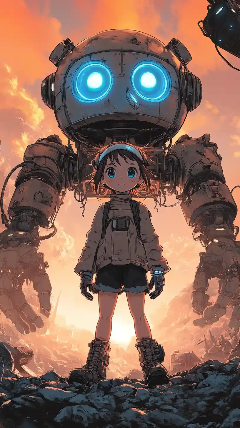 Junges Mädchen mit Roboter bei einem postapokalyptischen Sonnenuntergang