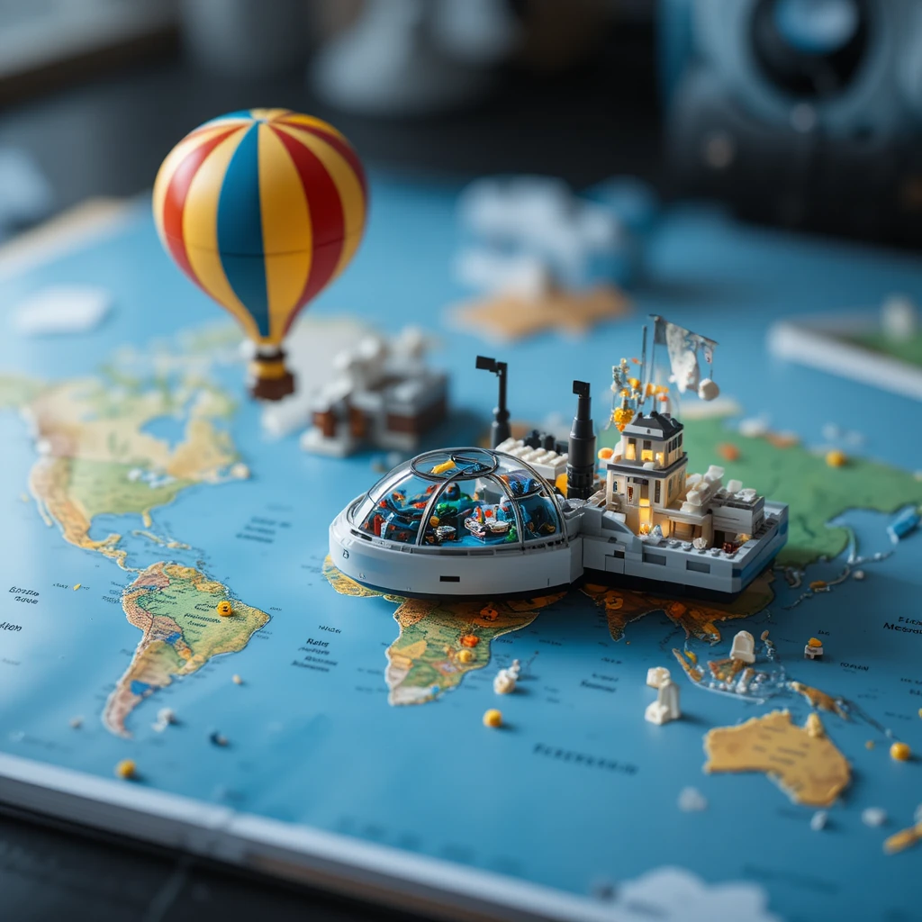 Futuristic lego spaceship on a world map of russia