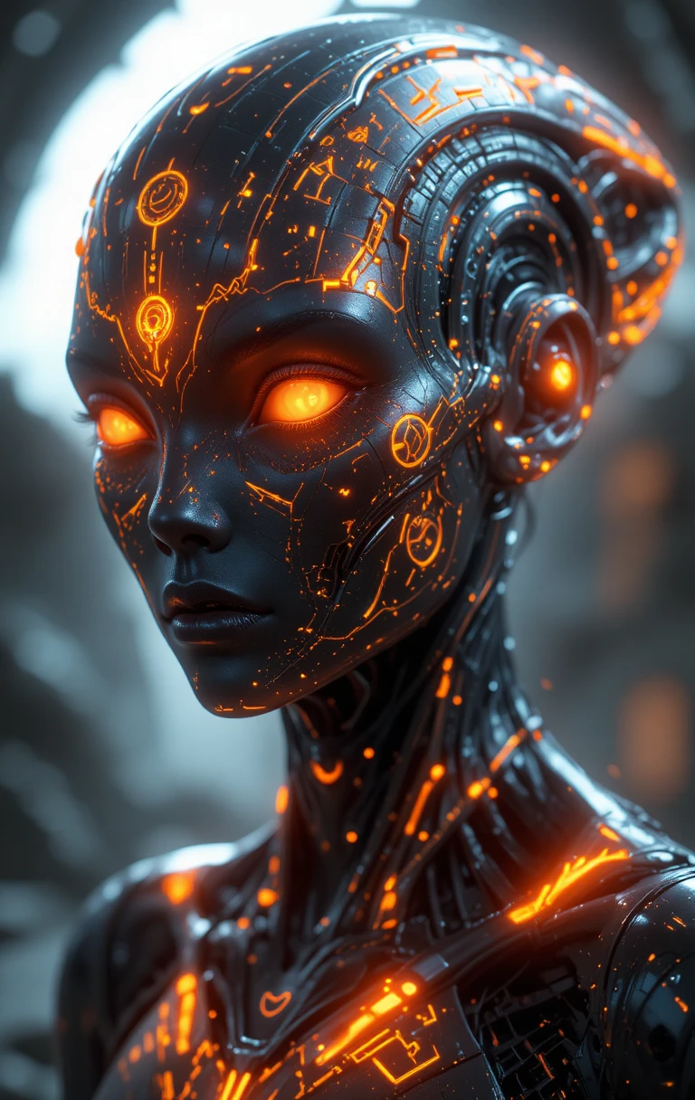 Futuristic Humanoid Alien With Glowing Orange Eyes Close Up