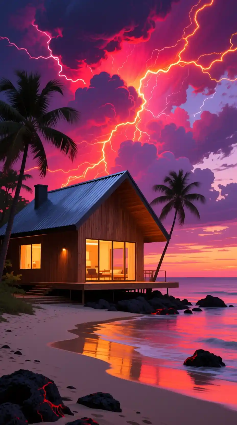 Modern wooden beach house under dramatic tropical sunset sky