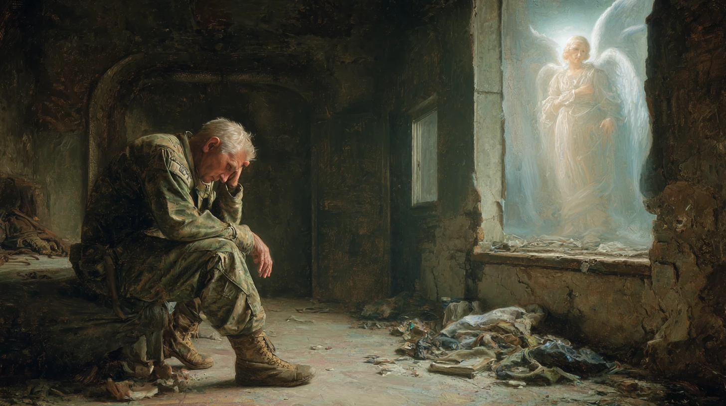 Desperate old veteran in tattered fatigues in a decaying room