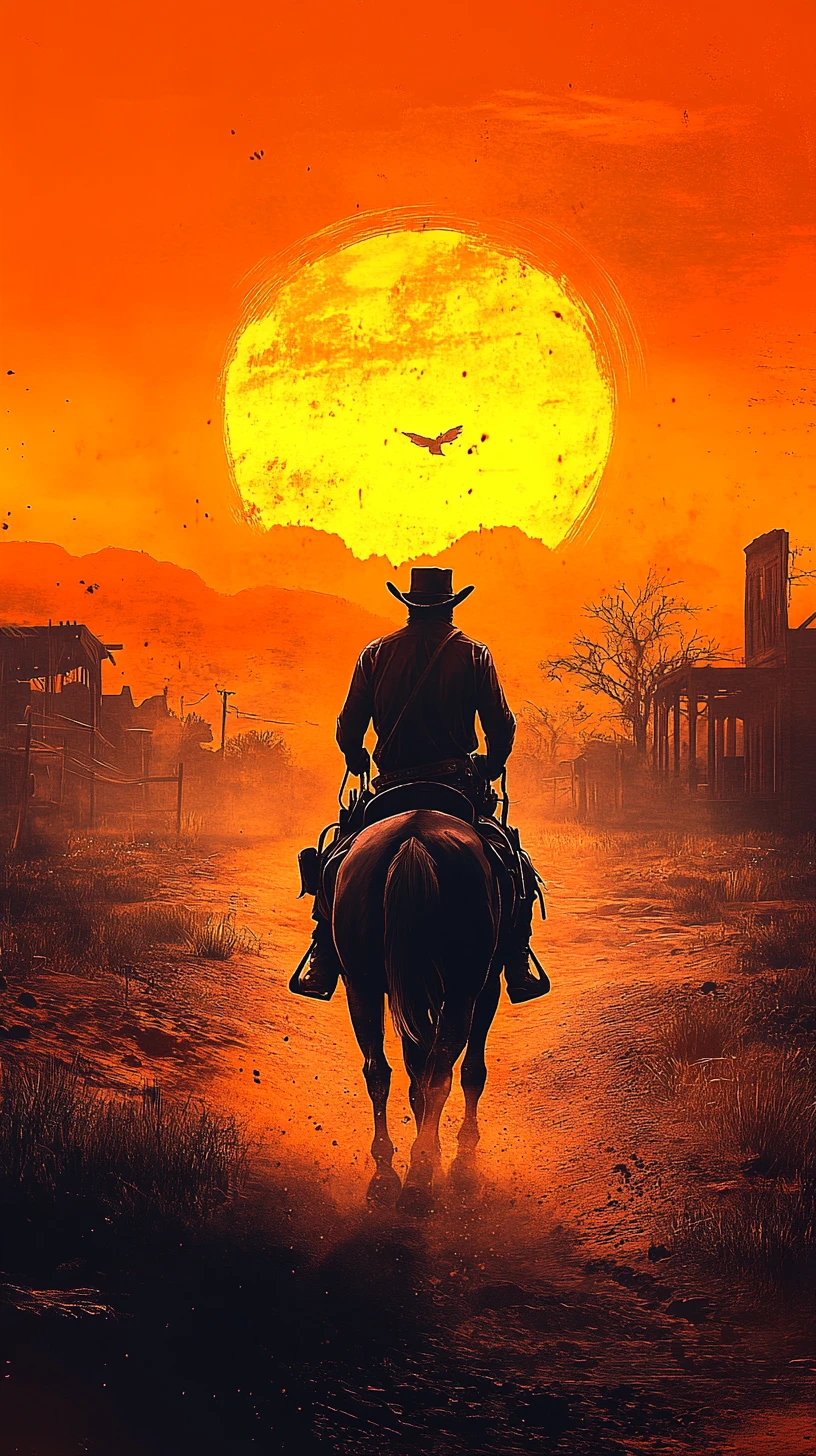 Lone cowboy riding toward a small town at sunset