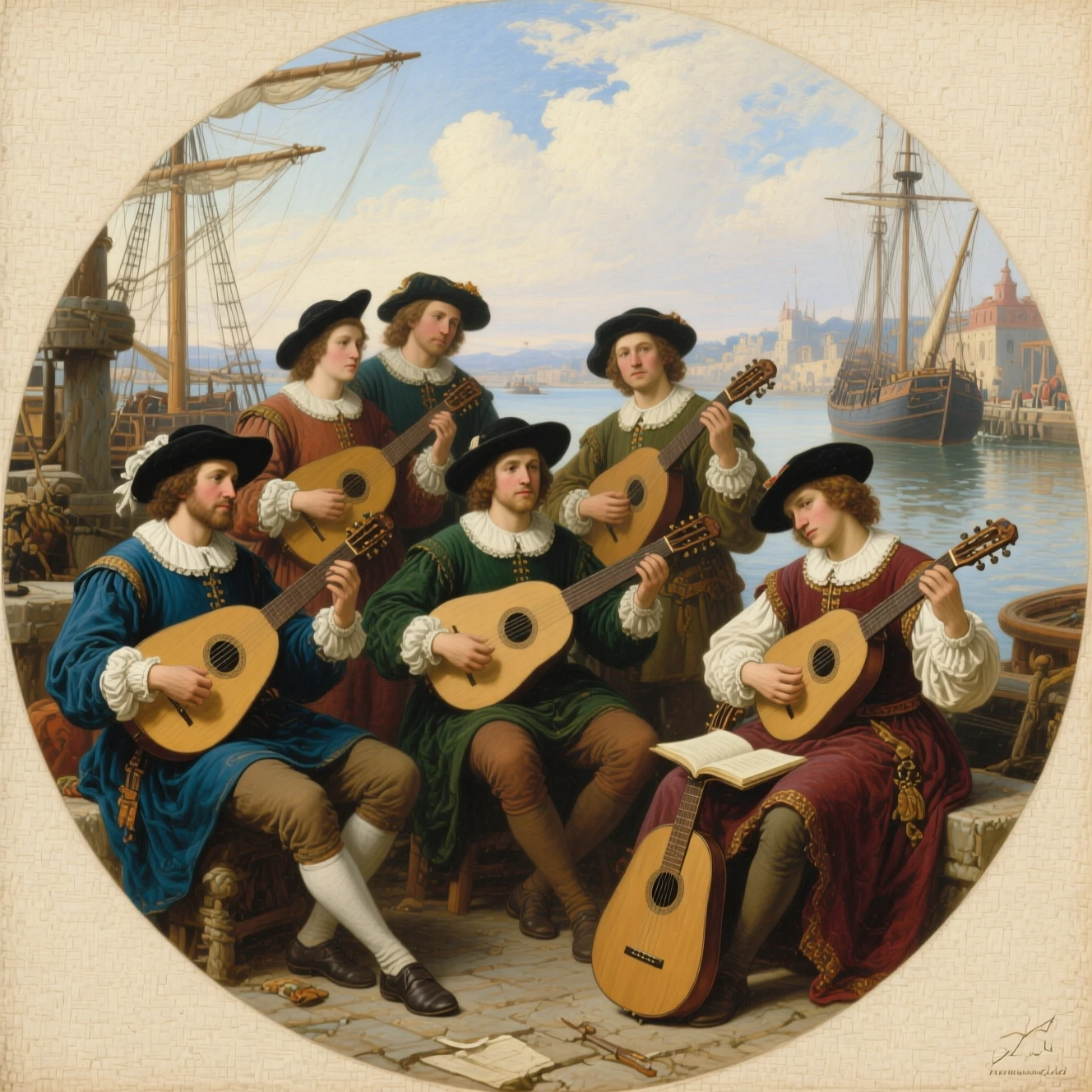 Sixteenth century guitar players gathered in a busy harbor