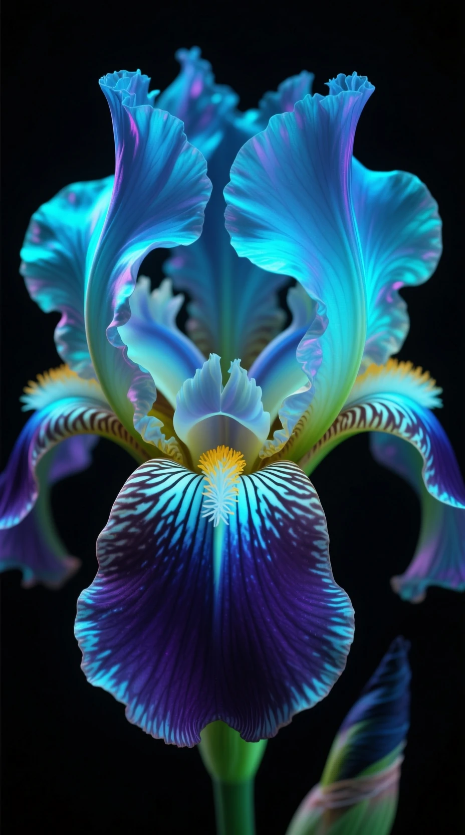 Dark neon iris in ultra macro glowing against black background