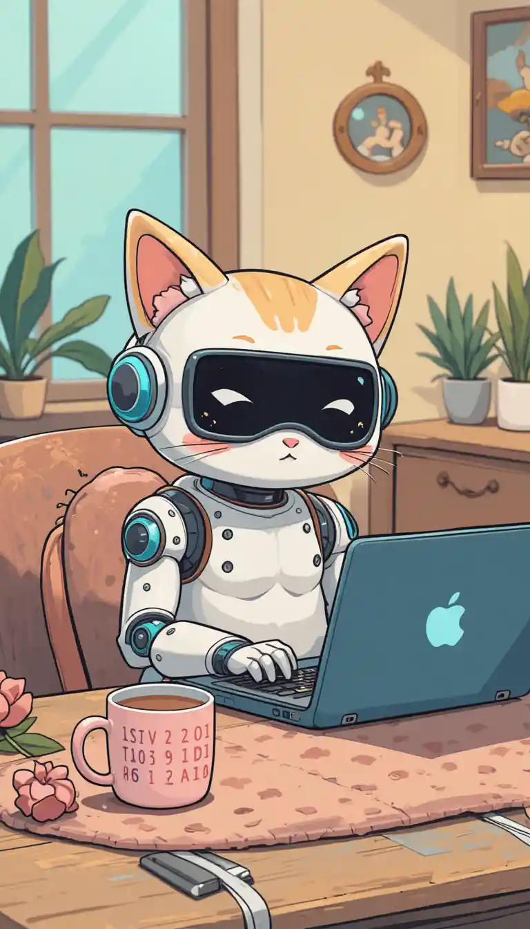 Fofo programador gato em desenho animado codando em um quarto aconchegante
