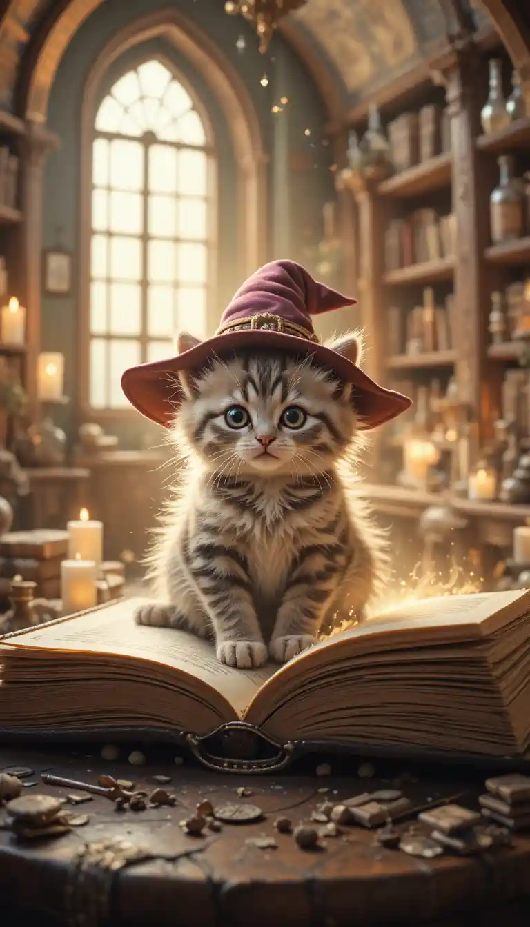 Tiny wizard kitten on glowing ancient spellbook