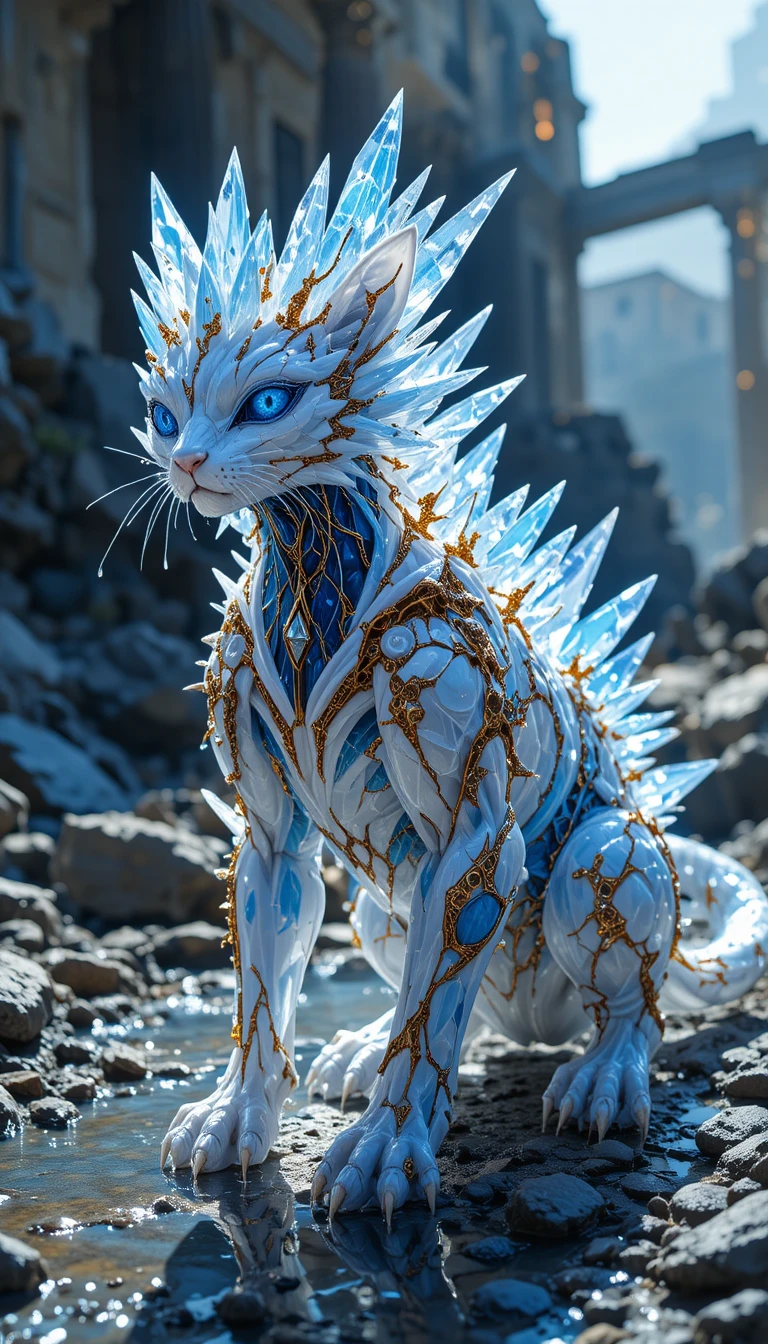 Cat like crystalline creature on sunlit rocky ruins