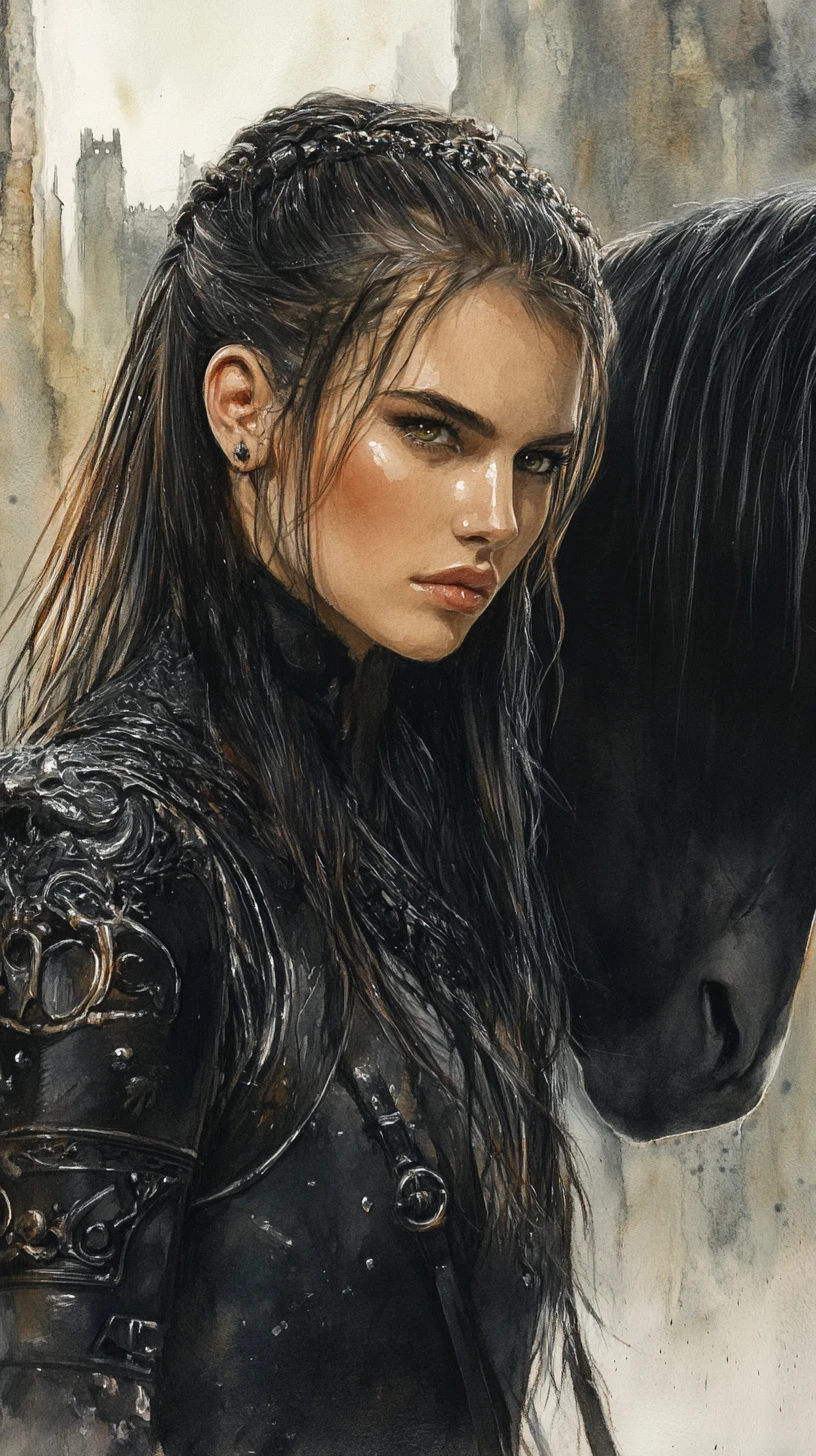 Dark fantasy warrior queen on horseback before ruined castle
