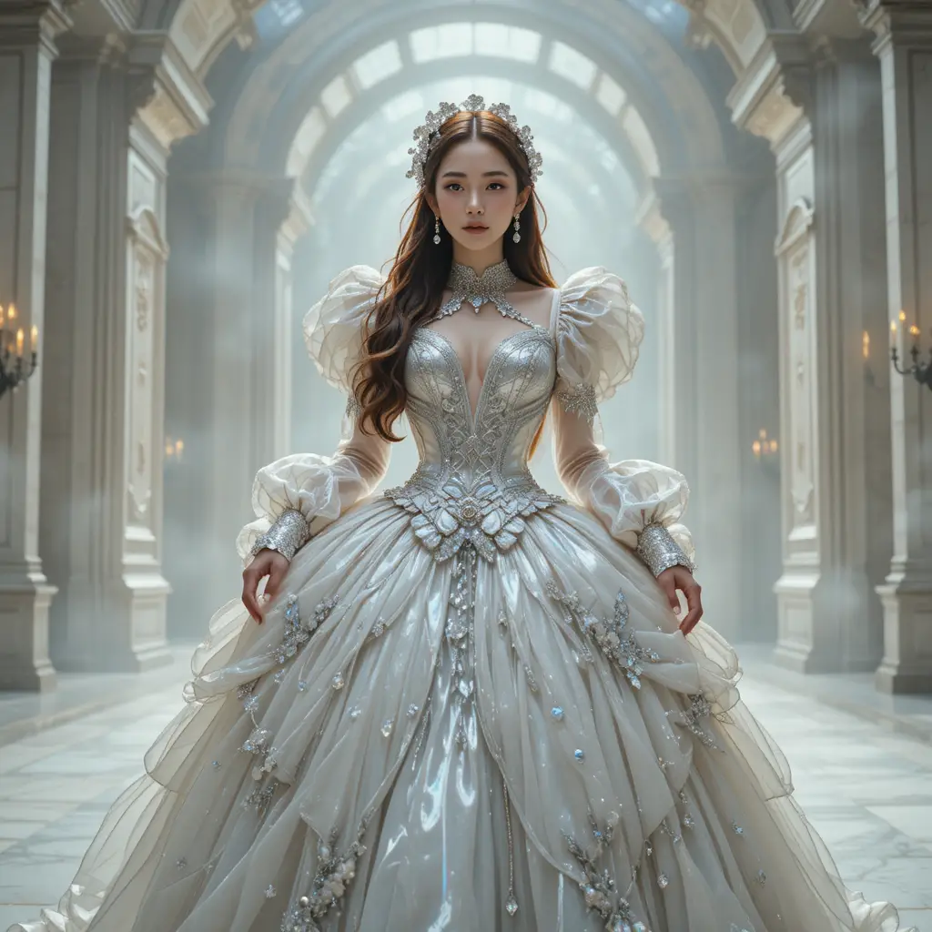 Korean debutante in silver victorian ballgown on misty dais