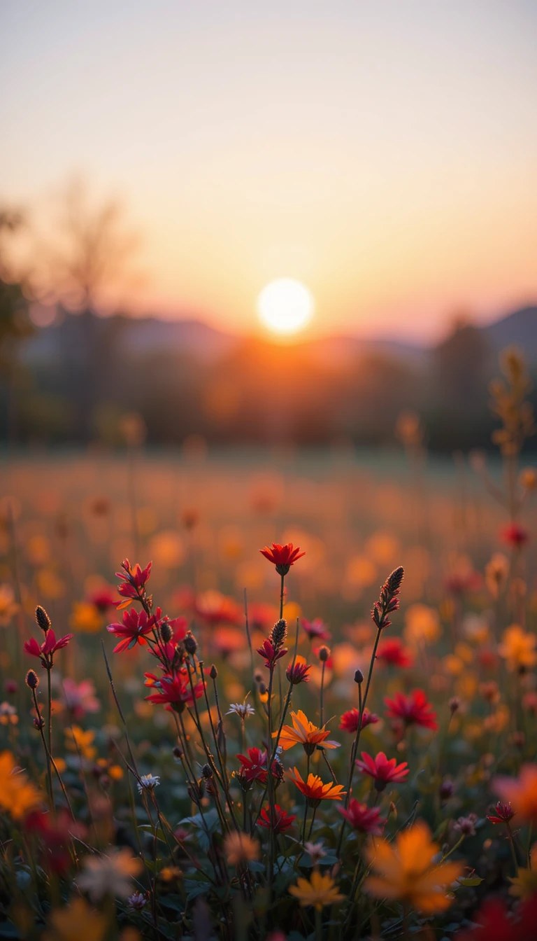 Campo autunnale con bokeh morbido e fiori rossi all’alba