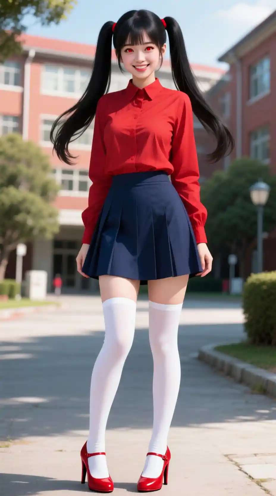 Donna giapponese in abito rosso sul viale del campus