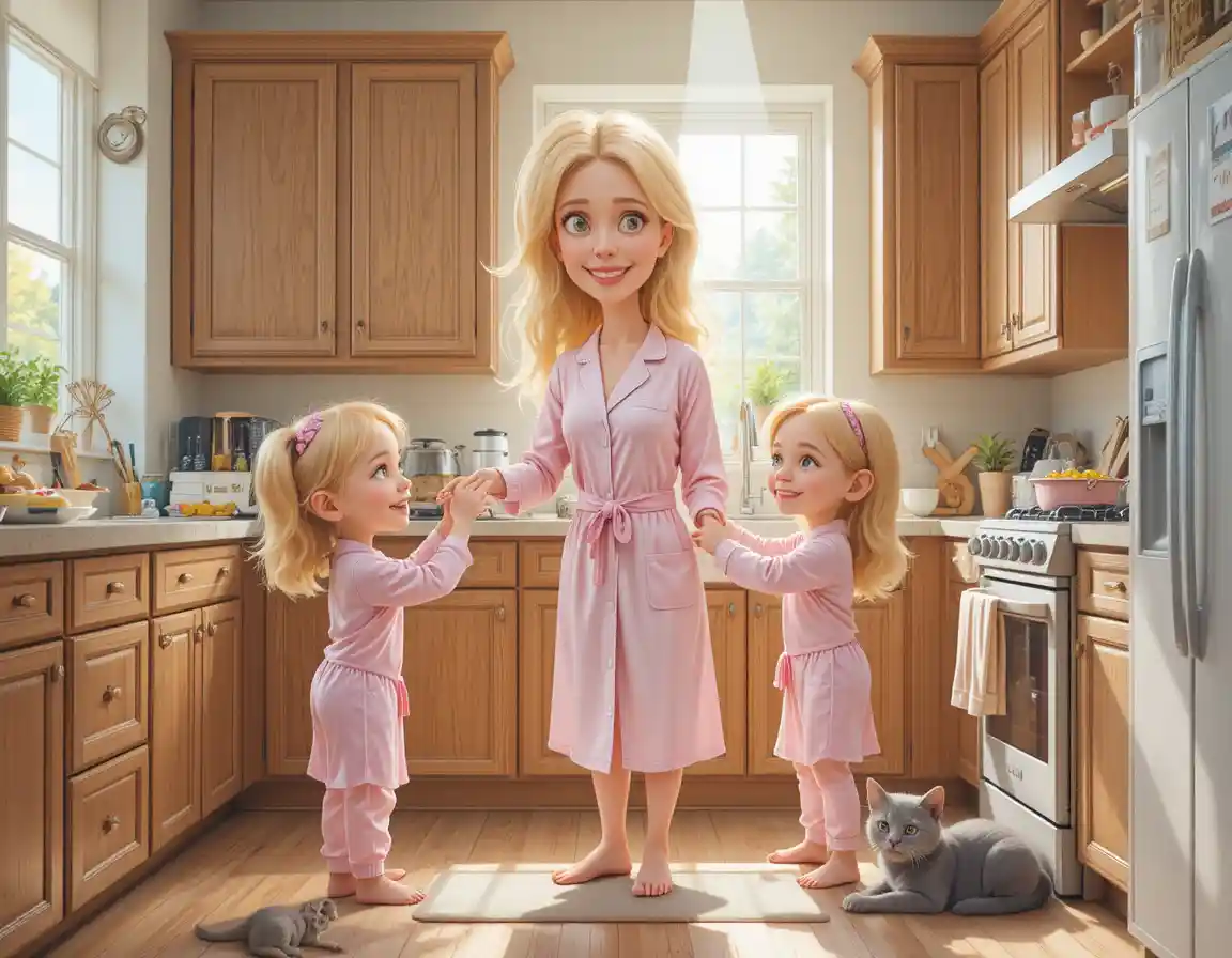 Maman aide deux petites filles à cuisiner dans une cuisine lumineuse