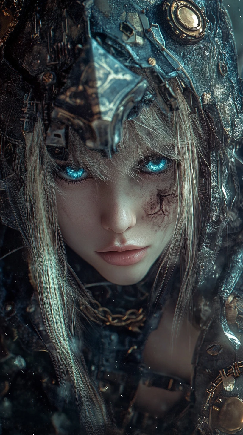Mujer rubia cibernética con armadura orgánica steampunk surrealista