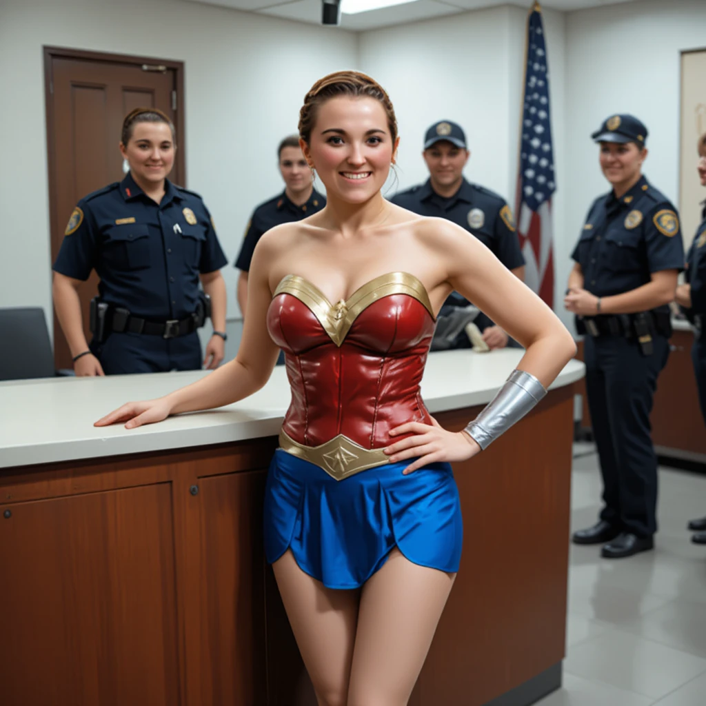 Woman in superhero costume at government office reception desk