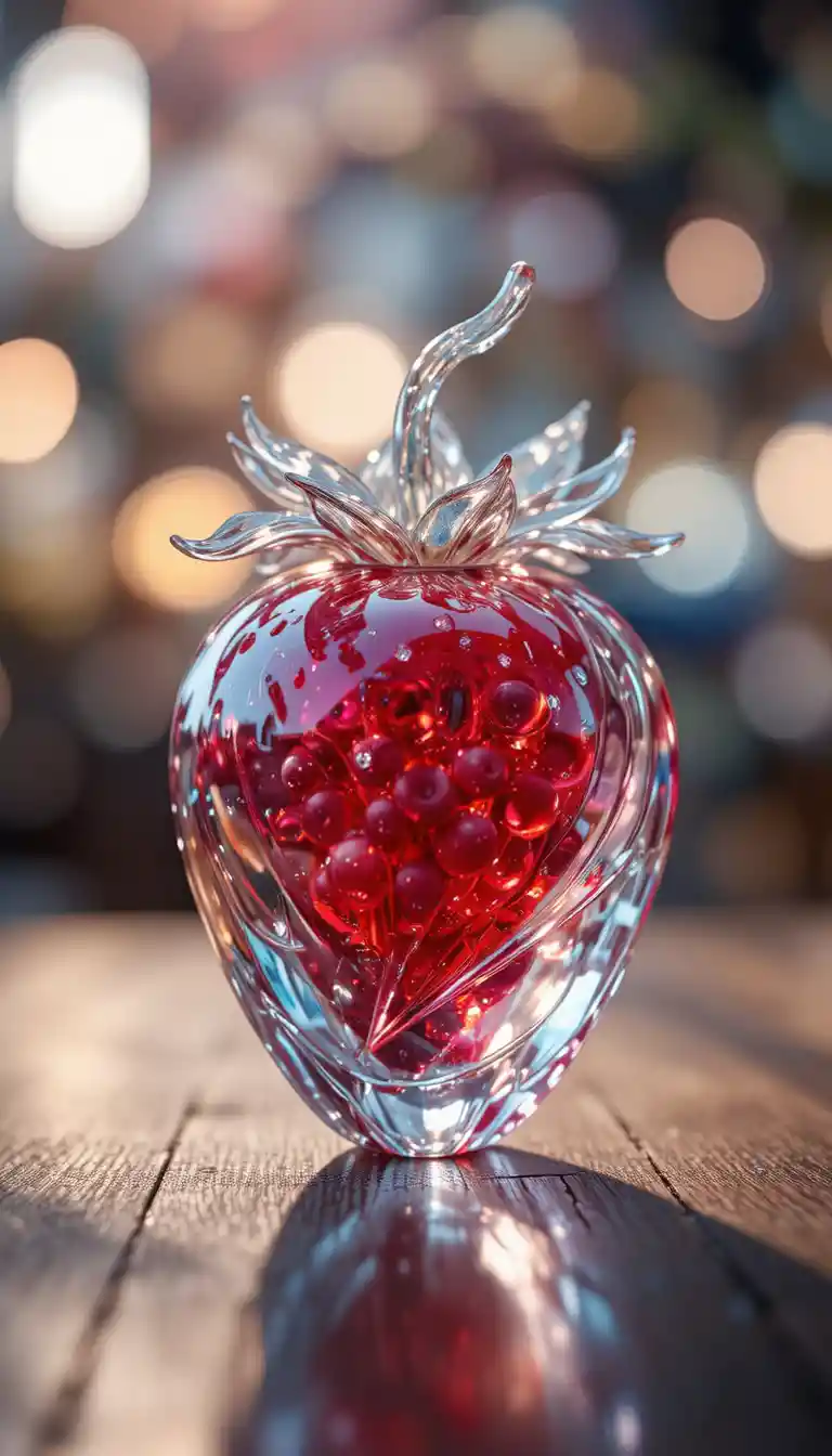 Glas-Erdbeer-Skulptur mit weichem Bokeh-Hintergrund