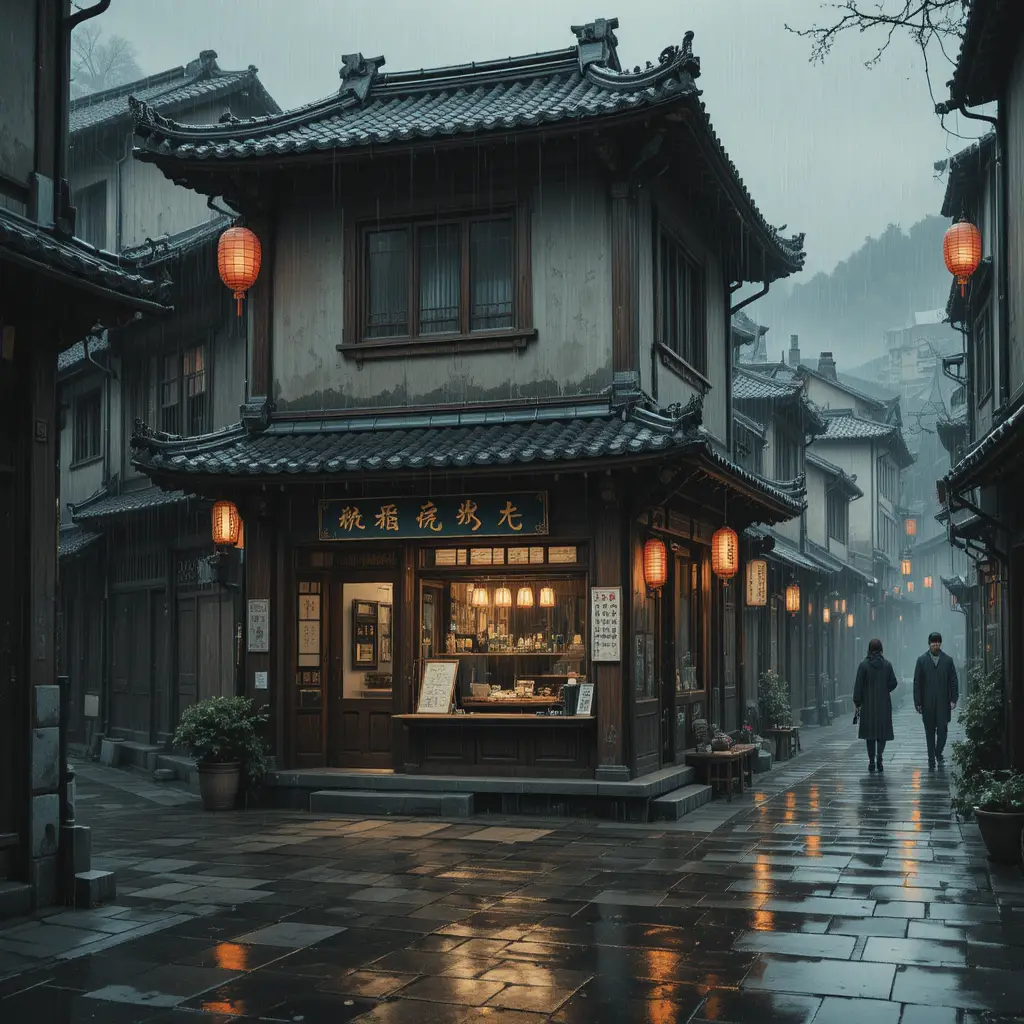 Rainy Chinese noodle restaurant on a quiet urban street corner