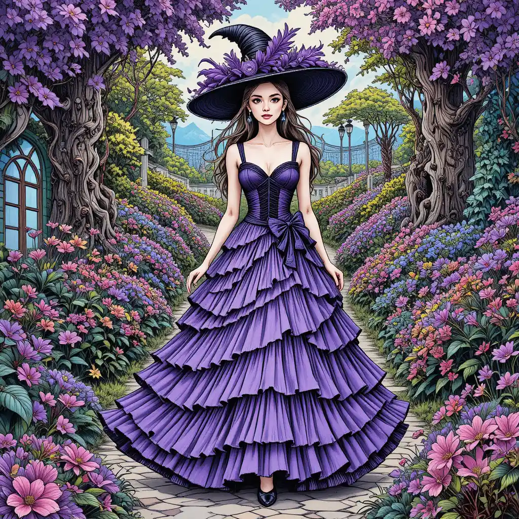 Femme élégante en robe gothique violette dans un jardin luxuriant