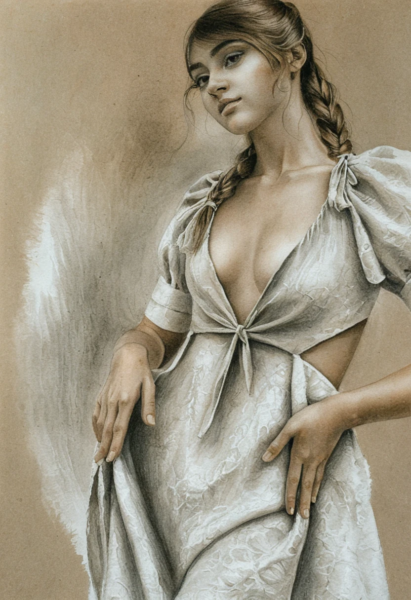 Charcoal portrait of a young woman with wavy hair