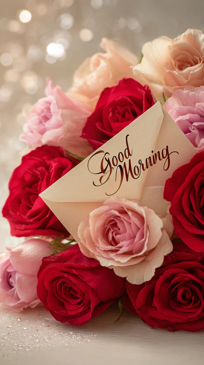 Elegant roses in envelope with morning greeting card