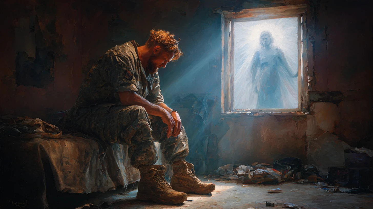 Desperate Old Veteran In Ruined Hotel Room With Angel