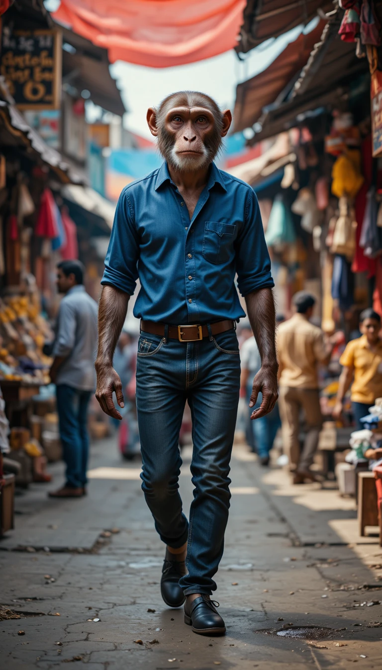 Monkey Walking Like A Man In Busy Indian Market